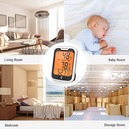 ThermoPro TP358 Bluetooth Thermometer for Room Temperature with Built-in Clock, Smart Temperature Sensor and Humidity Meter with Backlit, 260Ft Hygrometer Indoor Thermometer with Data Storage Export - Image 9