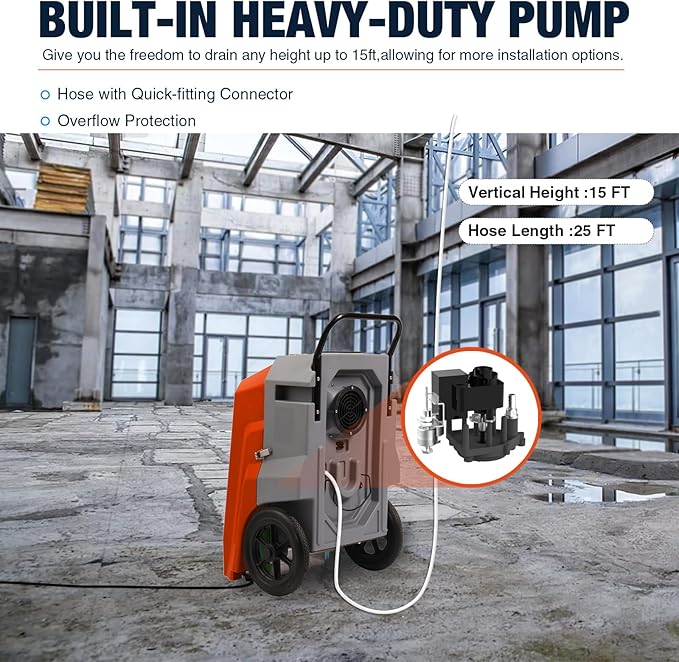 MOUNTO 180Pints LGR Industrial Dehumidifier with Pump and Drain Hose, Portable Commercial Dehumidifier with Wheels for Home, Basements, Garages, and Job Sites (Orange) - Image 3
