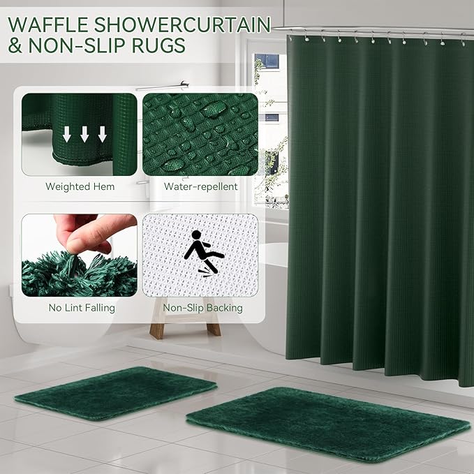 Green Bathroom Set, Dark Green Bathroom Accessories Set with Shower Curtain and Rugs, Bath Towel Sets, Natural Loofah Sponge, Soap Dispenser, Toothbrush Holder, Bathroom Tumbler and Tray for Bathroom - Image 4