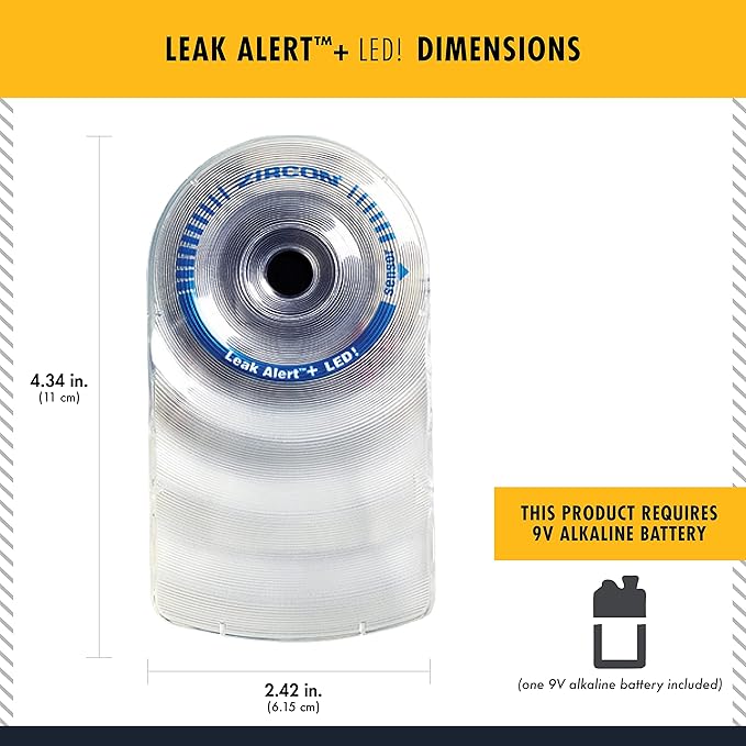 Zircon Leak Alert + LED! Water Leak Detector & Flood Sensor Alarm/Water Leak Sensor with Dual Leak Alarms 90Db Audio + Flashing LED Lights/Battery Powered-Batteries Not Included, 1 Pack (72332),White - Image 6