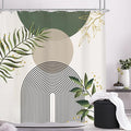 Green Boho Mid Century Shower Curtain 72Wx72H Abstract Gold Leaves Grey Modern Sun Arch Minimalist Geometric Aesthetic Plant Bathroom Decor Neutral Bath Curtain Polyester 12 Pack Hooks by MitpokBrand
