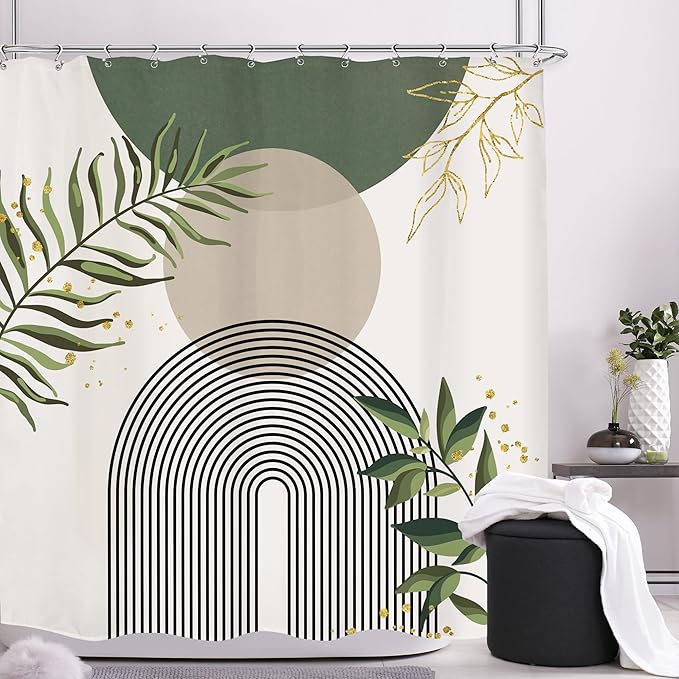 Green Boho Mid Century Shower Curtain 72Wx72H Abstract Gold Leaves Grey Modern Sun Arch Minimalist Geometric Aesthetic Plant Bathroom Decor Neutral Bath Curtain Polyester 12 Pack Hooks by MitpokBrand