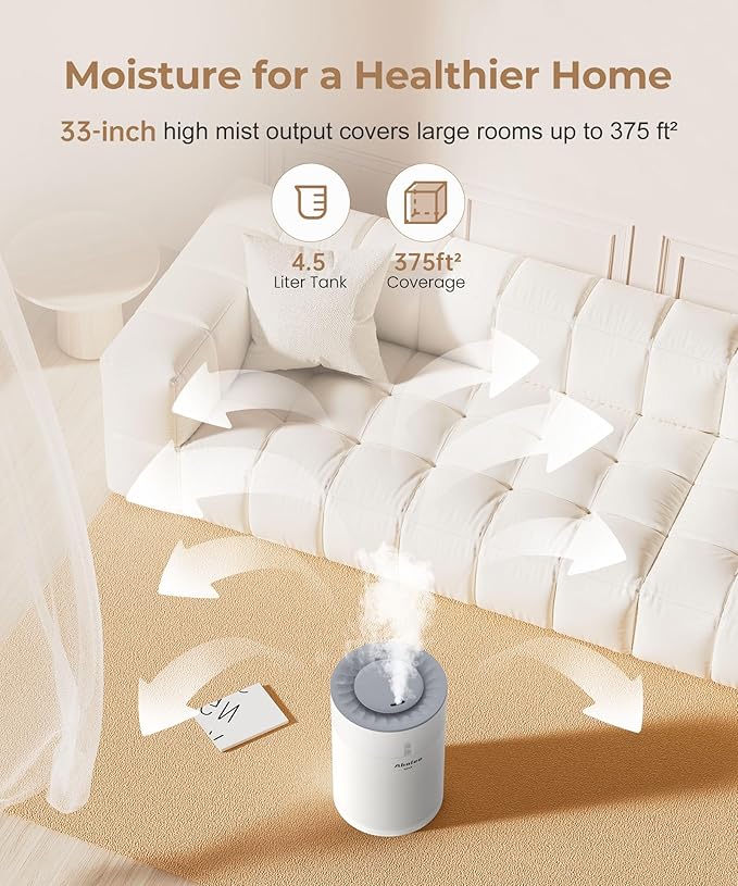 Abolee Humidifiers for Bedroom 4.5L Cool Mist with Essential Oil Diffuser, Humidifier Large Room, 24dB Quiet Air Humificador fit Baby Nursery & Plants, 360° Adjustable, Easy Fill & Cleaning (White) - Image 5
