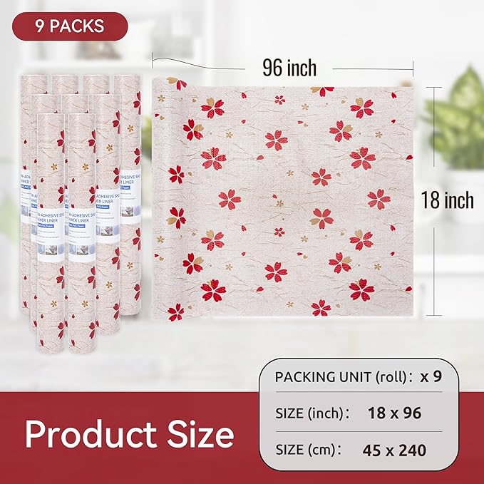 FIFTY FEET 18"x96" Non-Adhesive Shelf Liner for Kitchen Cabinets and Drawers, Washable Non-Slip PVC Cabinet Liner (Red Floral)(9 Roll) - Image 5