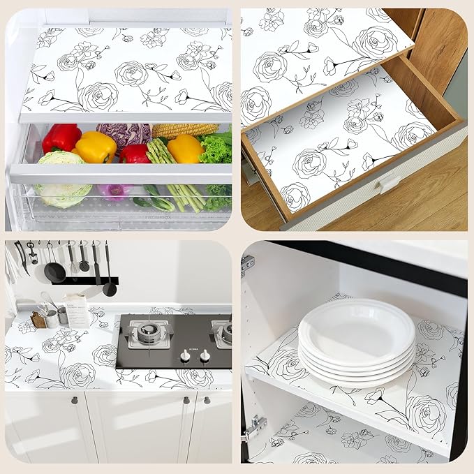 Shelf Liners for Kitchen Cabinets 17in x 20FT Non Adhesive Drawer Liner Black and White Floral Thickened Shelf Liner Paper Strong Non-Slip Easy to Clean for Tool Box with Knife and Tape Measure - Image 9