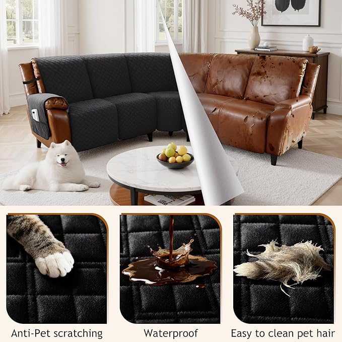 Arfntevss Waterproof Recliner Sectional Couch Covers for Reclining Sectional L Shape Sofa Cover Non Slip Washable Recliner L Shaped Slipcover Dog Additional Seat Protector (1 Seat Cover, Inky Black) - Image 6