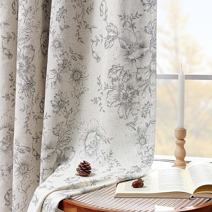 jinchan Blackout Linen Blend Curtain Gray Floral Blackout Curtains for Living Room 96 Inch Length Grey Printed with Lined Blackout Curtain for Bedroom Farmhouse Curtains Set 2 Panels - Image 3