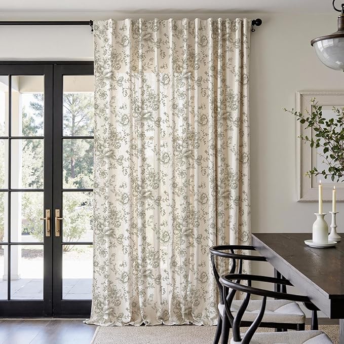 jinchan Linen Floral Curtains 100 Inch Extra Wide for Patio Sliding Glass Door Room Divider Curtain for Living Room 108 Inch Length Farmhouse Peony Green Printed Curtain Set 1 Panel - Image 2