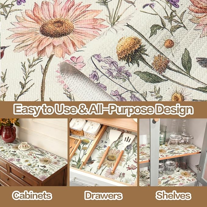 Floral Drawer and Shelf Liner for Kitchen Cabinets Non-Adhesive Drawer Liner Non-Slip Daisy Shelf Liners Strong Grip Waterproof Easy to Clean Cabinet Liners for Dresser Cupboard 12IN × 10FT - Image 3