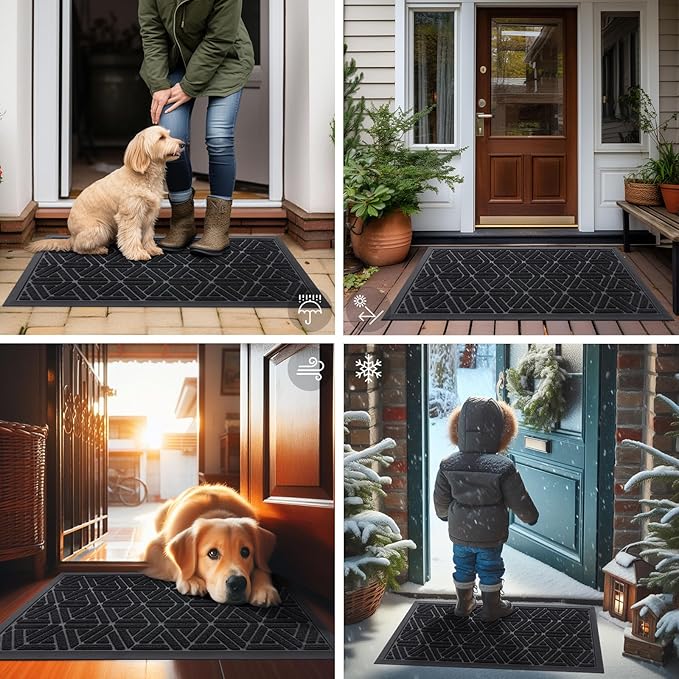 Smiry Front Door Mat Outside Entrance, Heavy Duty Sturdy Natural Rubber Doormat, Trap Dirt and Moisture, Easy Clean Low Profile Mats for Indoor Outdoor Entry, Grid Geometric (29.5x17, Black) - Image 6