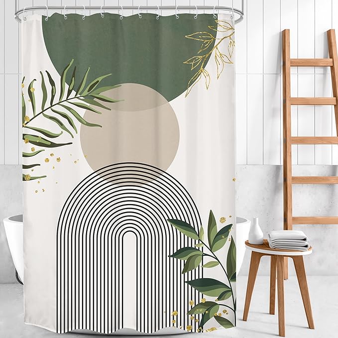 Small Stall Green Boho Shower Curtain 54Wx78H Rv Modern Bohemian Abstract Sage Green Gold Leaves Plant Minimalist Narrow Half Bathroom Decor Geometric Bath Curtain Fabric Polyester 12 Pack Hook - Image 2
