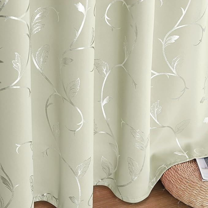 BUHUA Blackout Curtains Silver Foil Print Flower Vine Grommet Drapes, Room Darkening Thermal Insulated Curtains, Noise Reducing Curtain for Bedroom, Cream, 52Wx84L, 2 Panels - Image 7