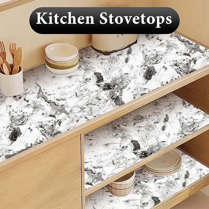 Drawer and Shelf Liner for Kitchen Cabinet: 12 in X 20 Ft Non Slip Waterproof Shelf Paper Non Adhesive Refrigerator Liners Grey and White Marble Easy Liners for Bathroom with Knife Tape Measure - Image 7
