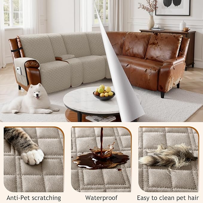 Arfntevss Waterproof Recliner Sectional Couch Covers for Reclining L Shape Sofa Cover Non Slip Washable L Shaped Slipcover Sets for Dog Furniture Protector (5 Seat with 1 Console Cover, Light Khaki) - Image 6