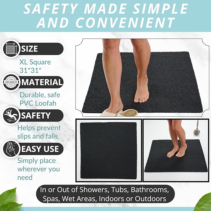 ENKOSI Square Shower Mat - Non Slip Shower Mats for Inside Shower - Extra Large 31x31 Shower Floor Mat Non Slip - Square Bath Mat for Shower - Secure Anti Slip Loofah Shower Bath Mat (31x31 Black) - Image 3