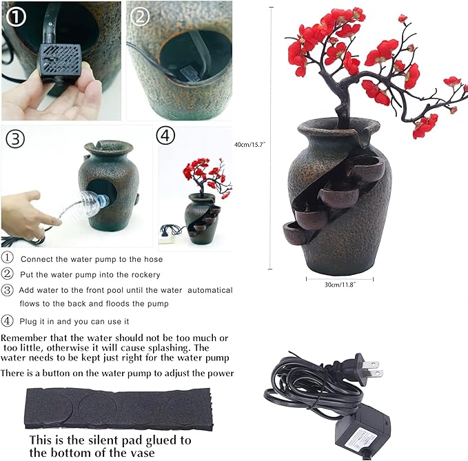 16" Flower Ornament Vase Decorative Bonsai Mini Tabletop Waterfall Fountain Indoor with Water Flow & Artificial Bouquet, Desktop Water Fountains Restaurant Coffee Home Decor or Festival Birthday Gift - Image 6