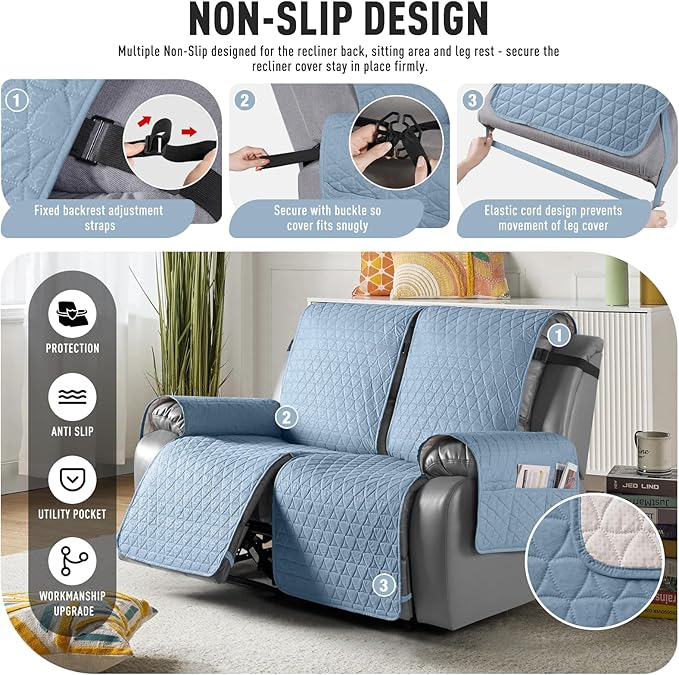 TAOCOCO 100% Waterproof Recliner Cover, Non-Slip Washable Reclining Couch Cover with Elastic Leg Straps, Furniture Protector for Dogs (Sky Blue, 2 Seater) - Image 5
