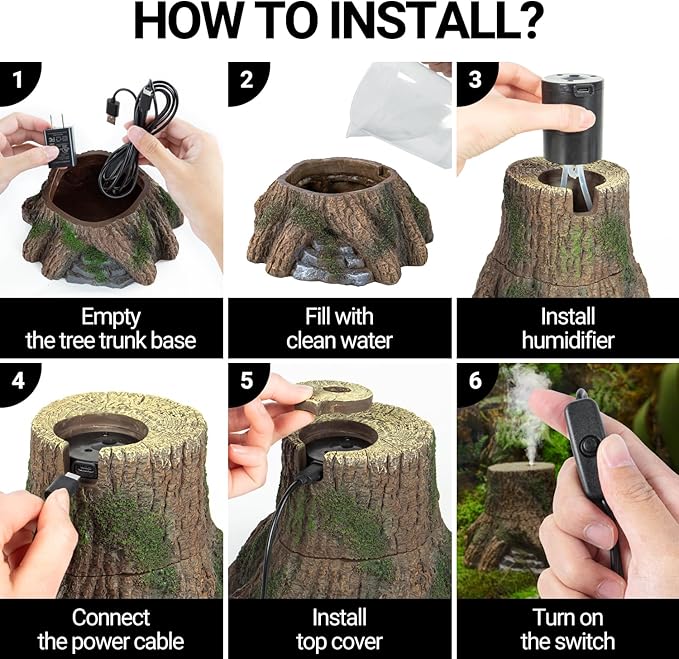 REPTIZOO Reptile Humidifier Fogger, Tree Trunk Humidifier with Top Mist Outlet, 1000ml Detachable Terrarium Humidifier Reptile Misting System Terrarium Decoration - Image 7
