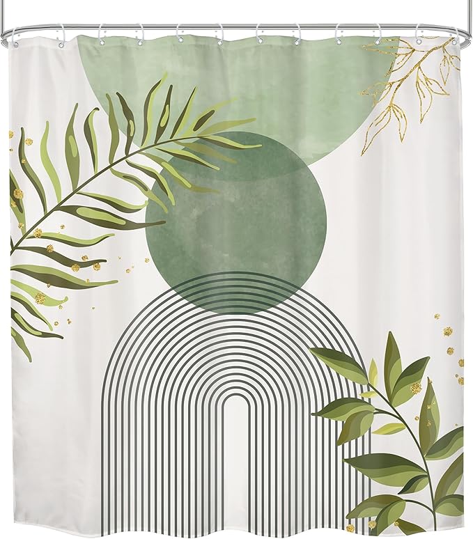 Sage Green Boho Shower Curtain 72Wx78H Modern Bohemian Abstract Leaves Olive Dark Green Mid Century Plant Bathroom Decor Minimalist Geometric Arch Bath Curtain Fabric Polyester 12 Pack Hooks - Image 7