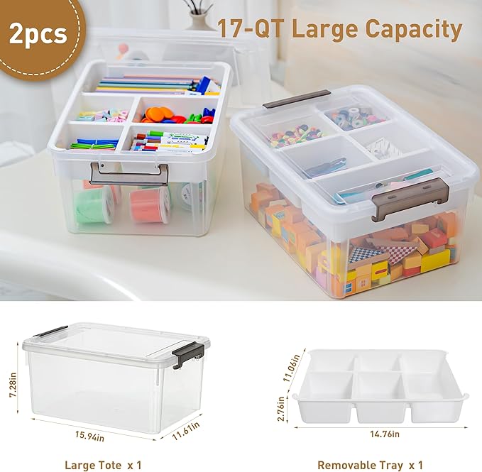 Citylife 17 QT Plastic Storage Box with Removable Tray Craft Organizers and Storage Clear Storage Container for Organizing Bead, Tool, Sewing, Playdoh, 2 Packs - Image 3