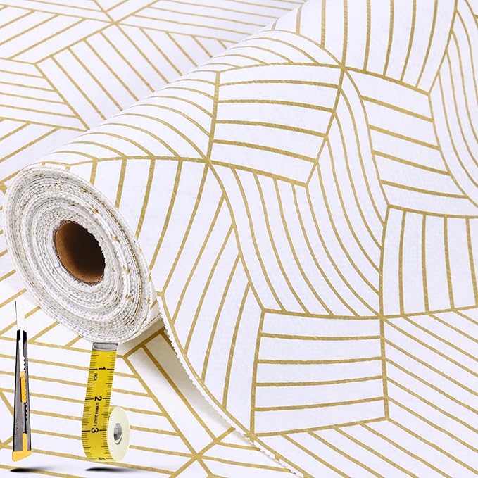 Shelf Liners for Kitchen Cabinets 35.4 in X 19.69 Ft, Non Adhesive Cabinet Liner Strong Non-Slip Thickened Gold Geometric Drawer Liner, Easy to Clean for Shelf, Cabinet with Knife and Tape Measure by Kimhan