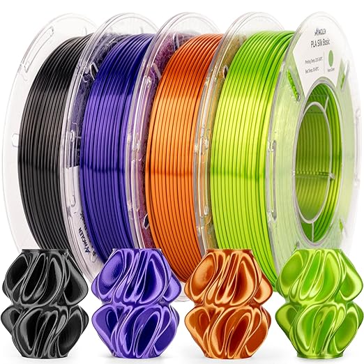 AMOLEN PLA 3D Printer Filament Silk PLA Filament 1.75mm Silk Filament Pack Black/Red Copper/Purple/Neon Green 3D Printing Filament Bundle for Holiday 3D Printing, 200gX 4 Spools by AMOLEN