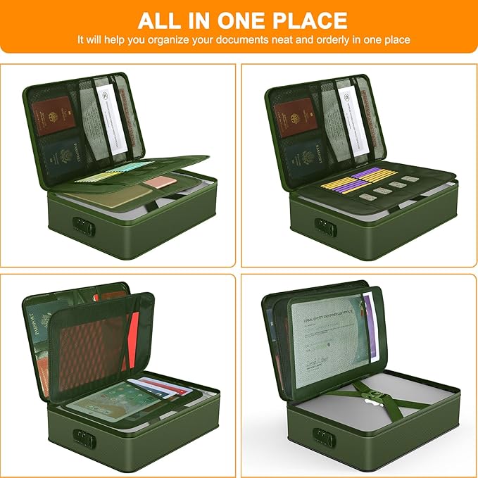 Noiposi Document Organizer with 5200℉ Heat Insulated,Waterproof and Fireproof Document Box,Portable Home Travel Safe Storage Box for Important Documents,File and Birth Certificate，Green - Image 4