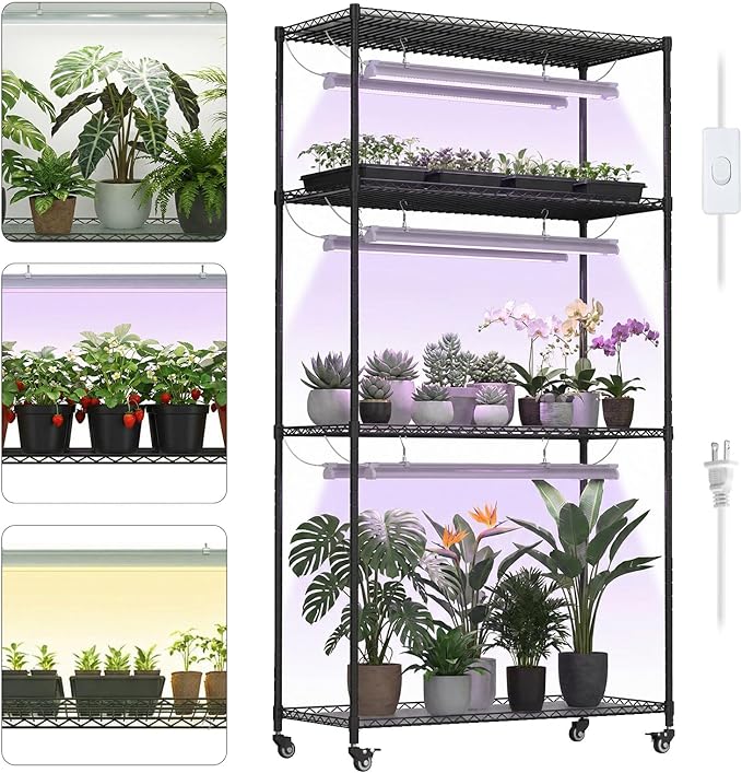 Plant Stand with Grow Lights, 4-Tier Plant Shelf, 6 Sets 3-Color LED Grow Light with Timer, Wide Plant Rack for Indoor Gardening, Seed Starting, Herbs & Flowers, 36" W x 14" D x 63" H - Image 3