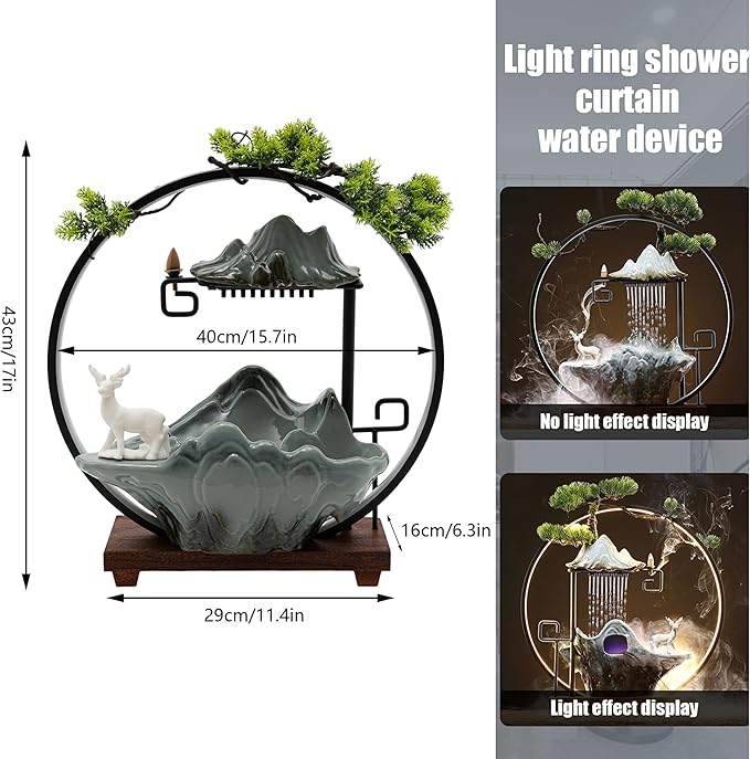 17In Water Fountains Indoor Tabletop Water Fall Humidifier W/LED Light & Atomizer Mist, Zen Decor Meditation Japanese Decor Fake Plants Feng Shui Decor Festival Birthday Gift Good Luck Wealth - Image 3