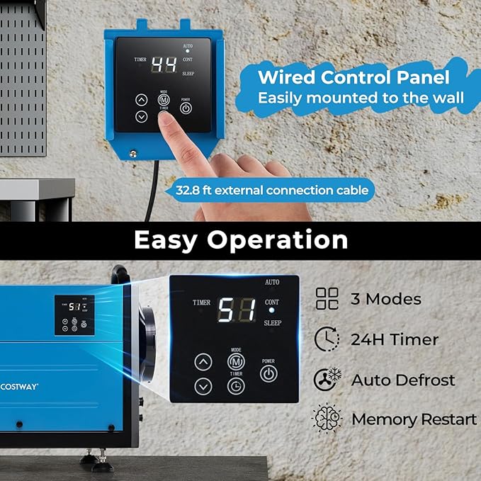 COSTWAY 124 PPD Commercial Dehumidifier, 1300 Sq.Ft Crawl Space Dehumidifier with 9.8 FT Drain Hose & Wired Remote Control Panel, Ideal for Basement, Warehouse, Job Site (Blue) - Image 3