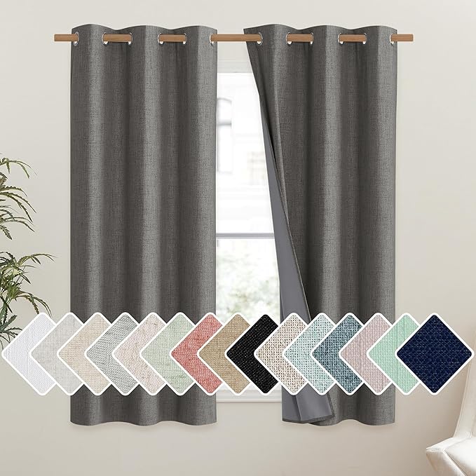 NICETOWN Grizzle Gray Vintage Linen 100% Blackout Curtains for Dining Room, Thermal Insulated Curtains 45" Long, Noise Reducing Window Treatment Drapes for Kitchen, 42" Wide Per Panel, Set of 2 by NICETOWN