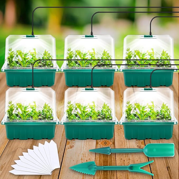 Seed Starter Tray with Light, 6PCS Seed Starter Kit with Grow Light, Seedling Starter Trays with Humidity Domes, Covers Height 3.9", Indoor Gardening Plant Germination Trays (12 Cells per Tray) by Yskea