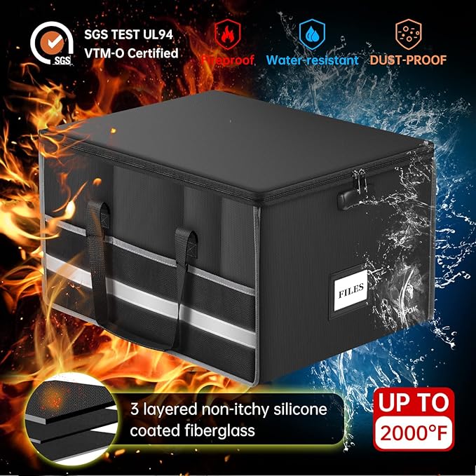 ENGPOW Fireproof Document Box with Lock, File Storage Organizer Box with Inserts ＆Mesh Pockets, Collapsible Portable Large Filing Cabinet Safe for Hanging Both Letter and Legal Folders(19"x16"x11") - Image 5