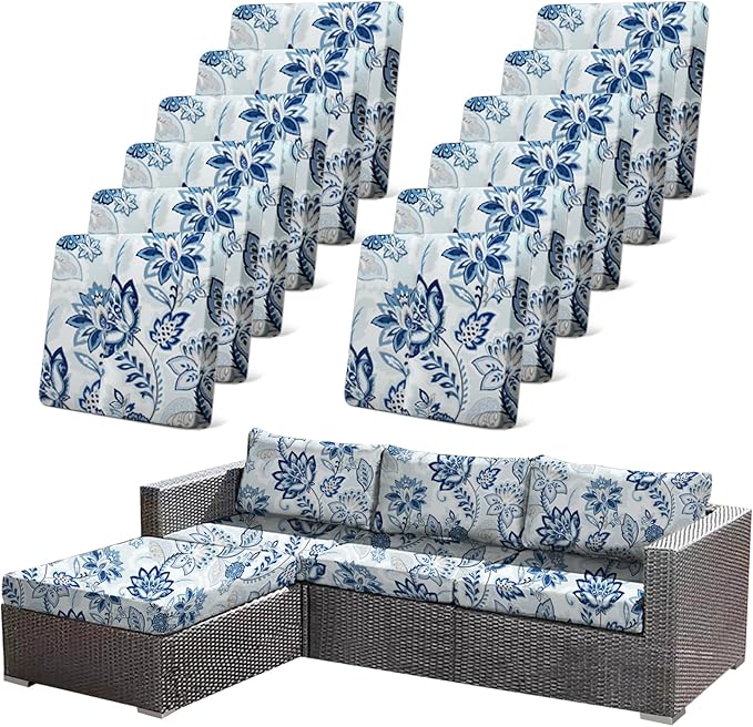 12pcs Floral Printed Stretchy Sofa Cushion Covers for Outdoor Furniture, Sofa Seat Replacement Cover, Flexible Chair Cushion Cover for Porch Garden Furniture Protection(Cover Only) by CALBODE