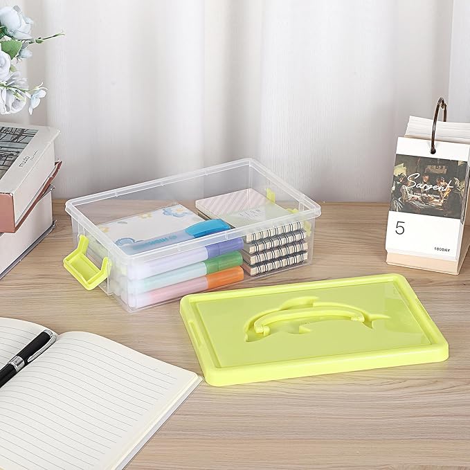 BTSKY 1-Pack Clear Plastic Storage Box with Lid, Stackable Organizer Featuring Easy-Lift Dolphin Design, Multi-Use Portable Container for Home, Craft, Office, Space-Saving with Secure-Clasp, Yellow - Image 2