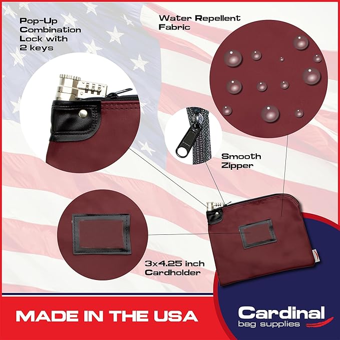 Heavy-Duty Money Bag with Lock – 9" x 12" Water-Repellent Laminated Nylon Bank Deposit Bag with Combination & Keyed Security for Cash, ID Window, Made in USA (Burgundy) - Image 3