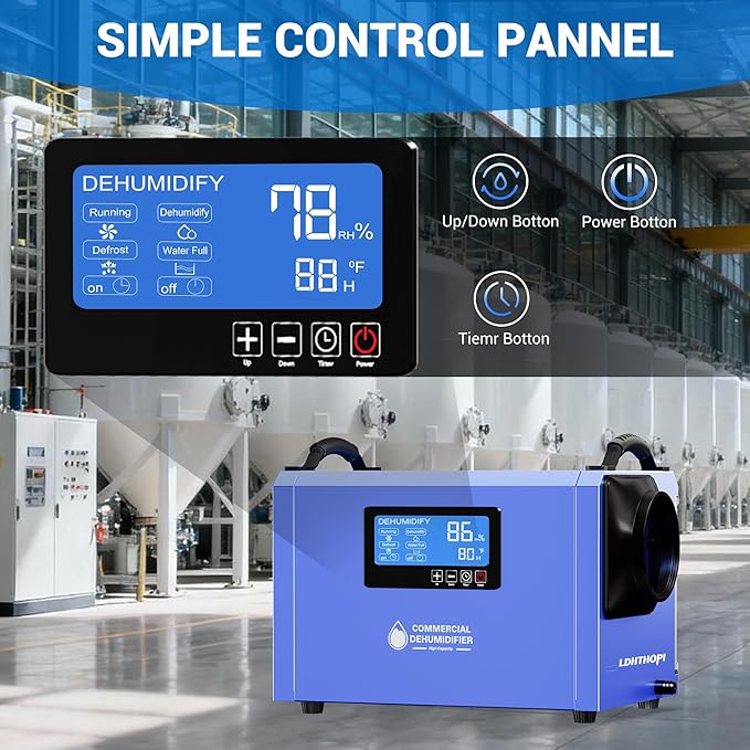 LDHTHOPI 145 Pint Commercial Dehumidifier with Drain Hose for Crawl Spaces Basements Industry Water Damage Unit Restoration, Up to 6000 Sq.Ft, Auto Defrost, Memory Starting(Gift Directional Wheels) - Image 5