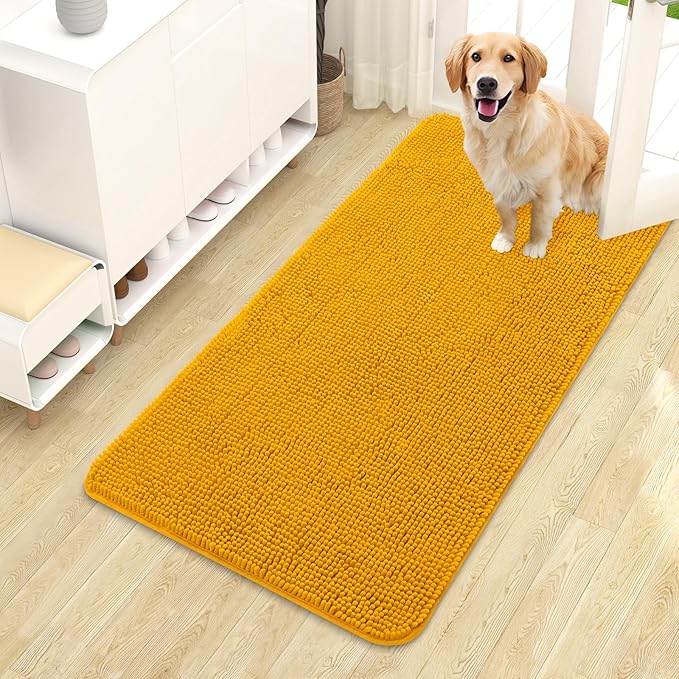 OLANLY Dog Door Mat for Muddy Paws 44x24, Absorbs Moisture and Dirt, Absorbent Non-Slip Washable Doormat, Quick Dry Chenille Mud Mat, Entry Indoor Entryway Carpet for Inside Floor, Golden Yellow by OLANLY