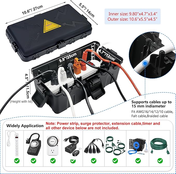Hrensaw Medium Outdoor Electrical Box(10.6x5.5x4.5inch),Weatherproof Connection Box w/6 Cable Entry,IP54 Waterproof Extension Cord Cover Protect Power Strip,Timer,Plug,Holiday Lights,Black - Image 2