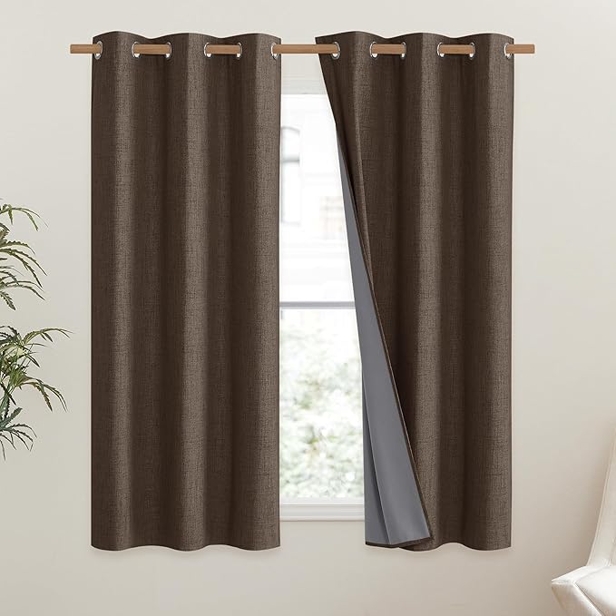 NICETOWN Coffee Vintage Linen 100% Blackout Curtains for Dining Room, Thermal Insulated Curtains 45" Long, Noise Reducing Window Treatment Drapes for Kitchen, 42" Wide Per Panel, Set of 2 - Image 2