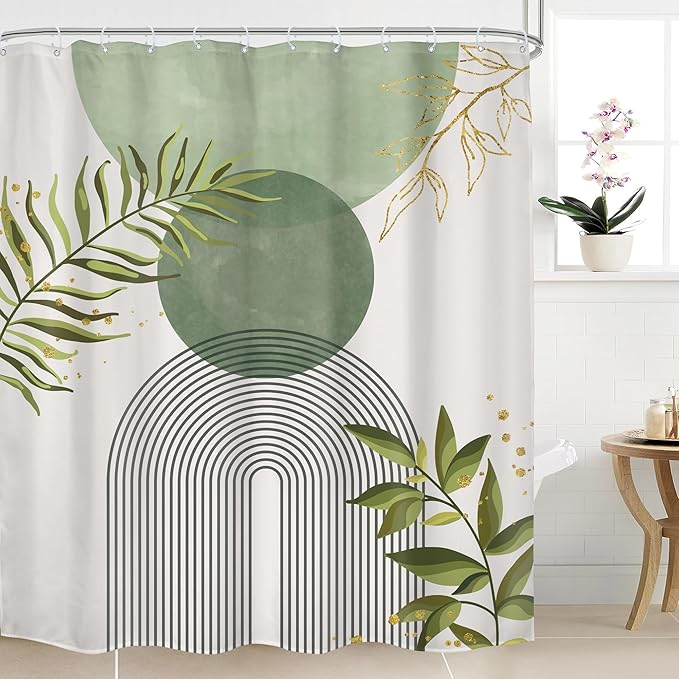 Sage Green Boho Shower Curtain 72Wx84H Extra Long Modern Abstract Bohemian Leaves Minimalist Neutral Botanical Arch Bathroom Decor Mid Century Plant Bath Curtain Fabric Polyester 12 Pack Hooks by MitpokBrand