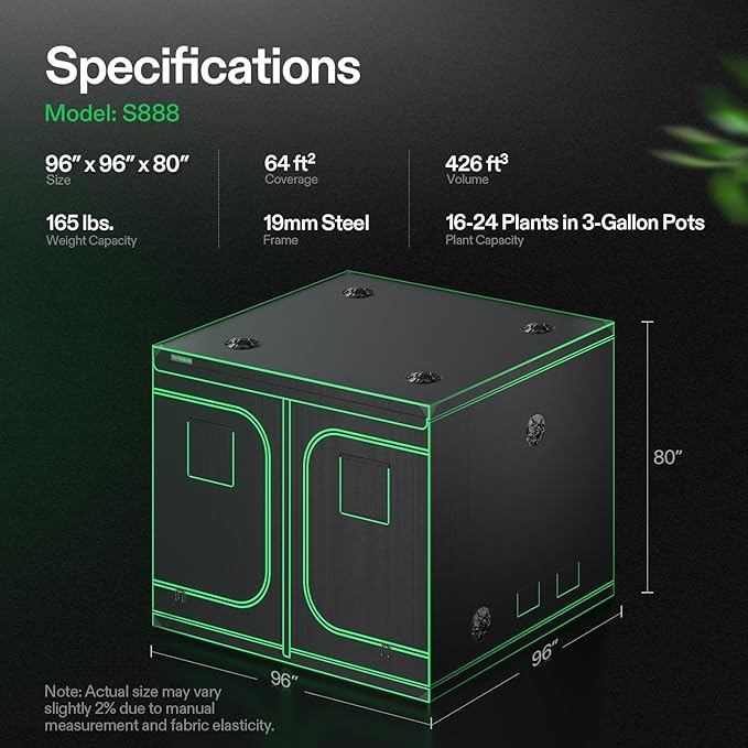 VIVOSUN S888 8x8 Grow Tent, 96"x96"x80" High Reflective Mylar with Observation Window and Floor Tray for Hydroponics Indoor Plant for VS4000/VSF4300 - Image 7