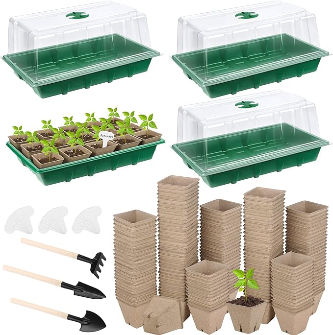 4 Pack Seed Starter Tray Kit, 120 Square Seed Peat Pots for Seedlings with Plants Labels, Planting Tools, Plastic Growing Germination Trays with Lids for Indoor Outdoor Gardening, Green by Hahood