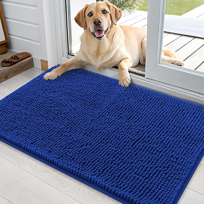 OLANLY Dog Door Mat for Muddy Paws 36x24, Absorbs Moisture and Dirt, Absorbent Non-Slip Washable Doormat, Quick Dry Chenille Mud Mat for Dogs, Entry Indoor Entryway Carpet for Inside Floor, Royal Blue by OLANLY