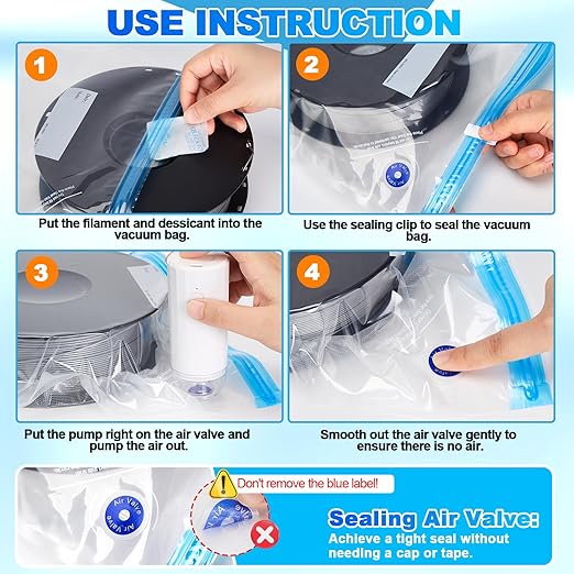 AGPTEK 3D Printer Filament Storage Bags 11.8×13.4 inch(20 Pack) - Vacuum Sealed Kit with 500mAh Electric Pump & Silica Gel Desiccants, Moisture-Proof and Dust-Proof for PLA, ABS, PETG Filament (PA+PE) - Image 7