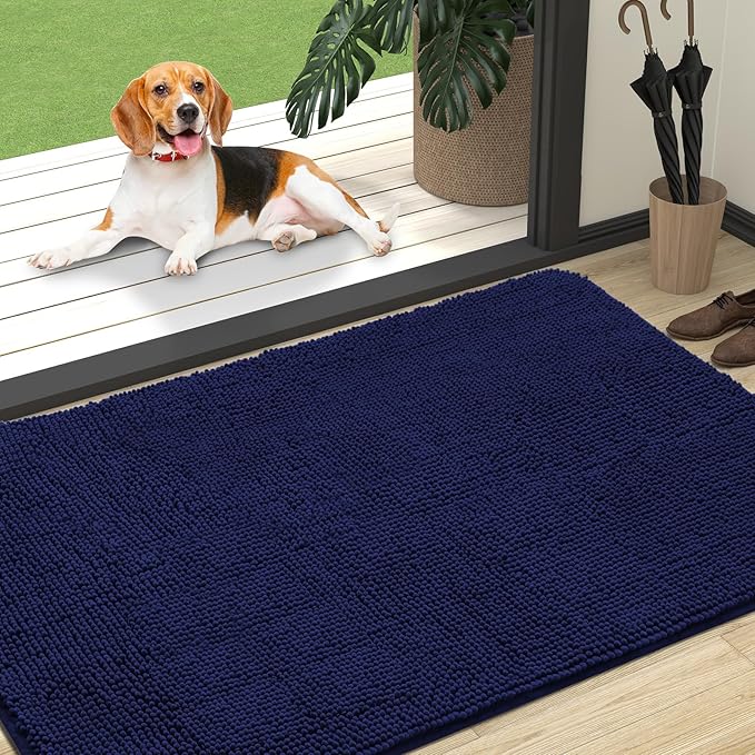 OLANLY Dog Door Mat for Muddy Paws 47x32, Absorbs Moisture and Dirt, Absorbent Non-Slip Washable Doormat, Quick Dry Chenille Mud Mat for Dogs, Entry Indoor Entryway Carpet for Inside Floor, Navy Blue by OLANLY