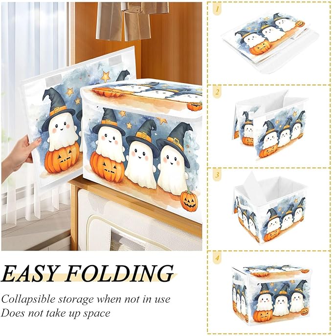 xigua Cute Cartoon Ghosts Storage Bins with Lids and Carrying Handle,Foldable Storage Boxes Organizer Containers Baskets Cube with Cover for Home Bedroom Closet Office - Image 4