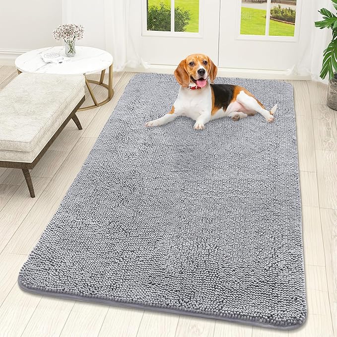 OLANLY Dog Door Mat for Muddy Paws 59x32, Absorbs Moisture and Dirt, Absorbent Non-Slip Washable Doormat, Quick Dry Chenille Mud Mat for Dogs, Entry Indoor Entryway Carpet for Inside Floor, Light Grey by OLANLY