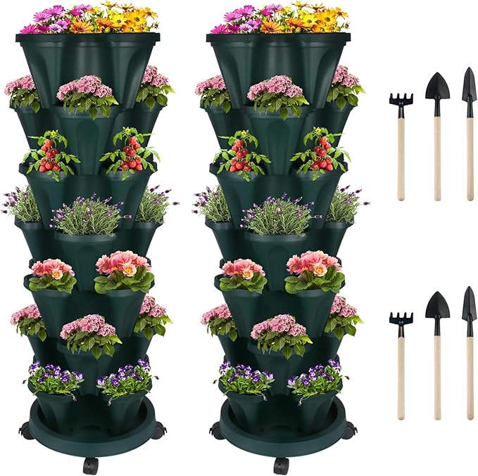 DUNCHATY Stackable Planter, Vertical Garden Planter with Wheels and Tools, Self Watering Strawberry Planter Indoor/Outdoor 7 Tier Herb Planter Pots for Growing Vegetables and Succulents,Pine Green by DUNCHATY