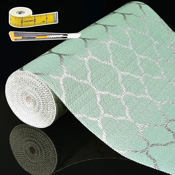 Shelf Liners for Kitchen Cabinets Non Adhesive Drawer Liner 23.6in x 30FT Light Green Quatrefoil Thickened Shelf Liner Strong Non-Slip Easy to Clean Tool Box Refrigerator with Knife and Tape Measure by Adwann